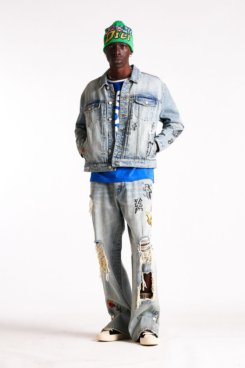 Diet Starts Monday Doodle Trucker Jacket - Indigo