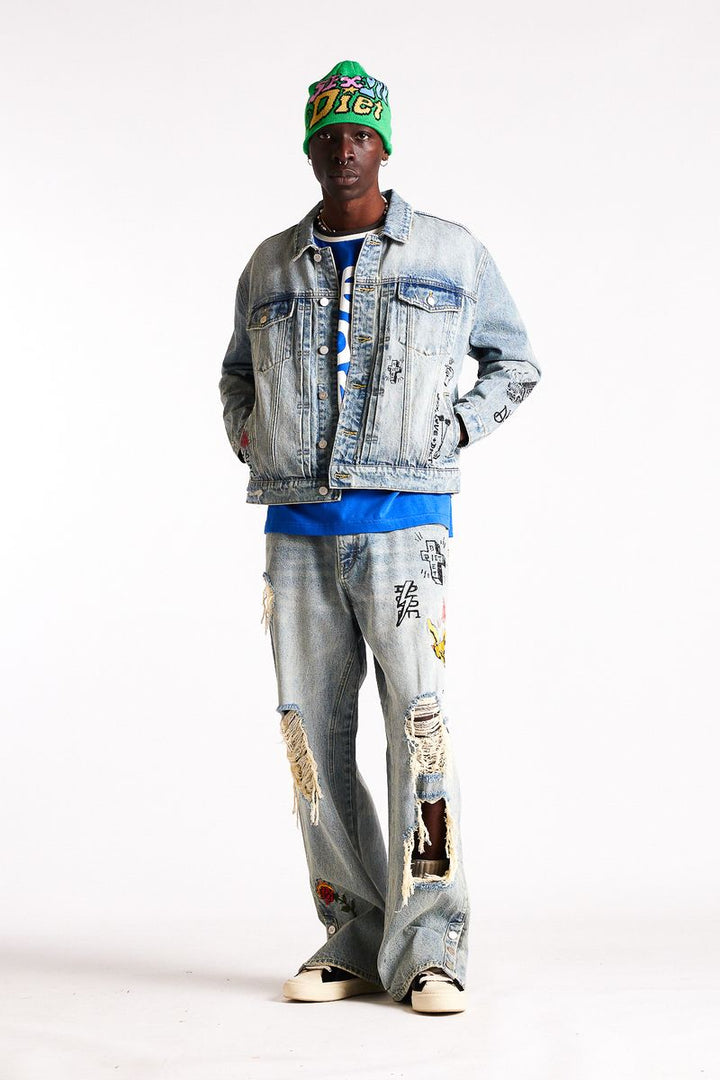 Diet Starts Monday Doodle Trucker Jacket - Indigo