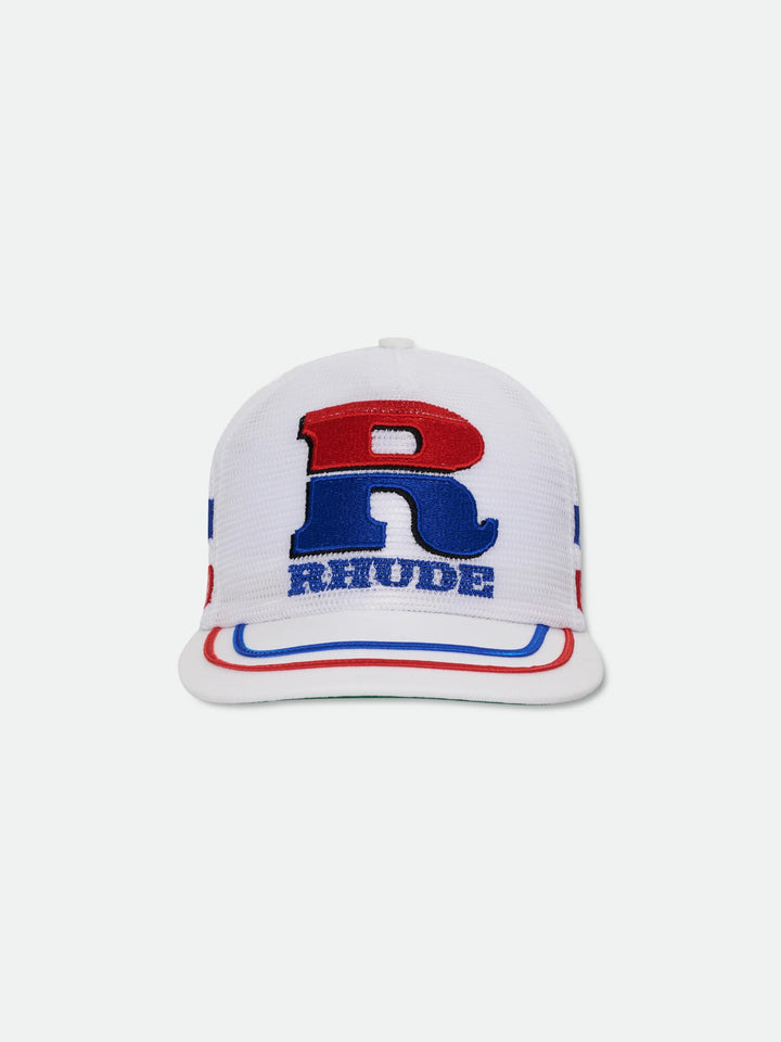 Split Petrol Logo Mesh Trucker Hat - White / Red / Blue 6035