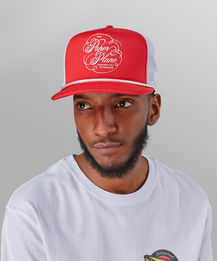 Paper Planes Script Trucker Hat - Coral Red